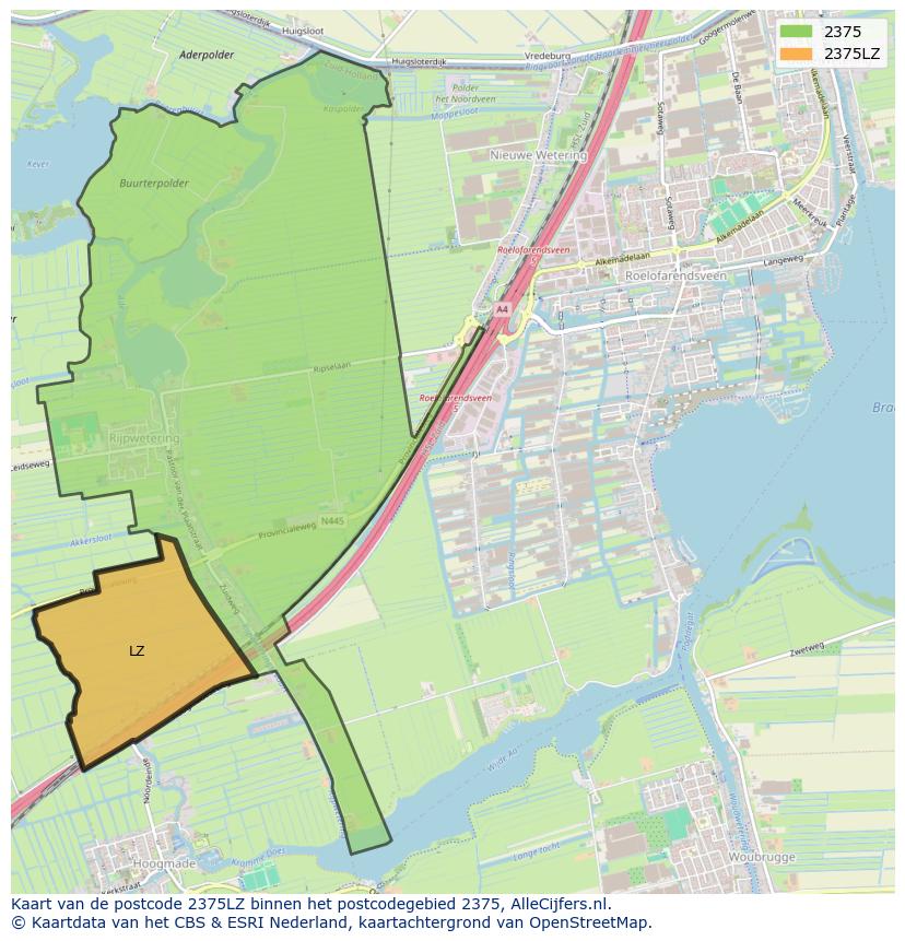 Afbeelding van het postcodegebied 2375 LZ op de kaart.