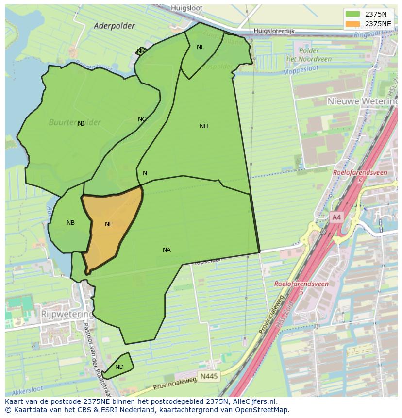 Afbeelding van het postcodegebied 2375 NE op de kaart.