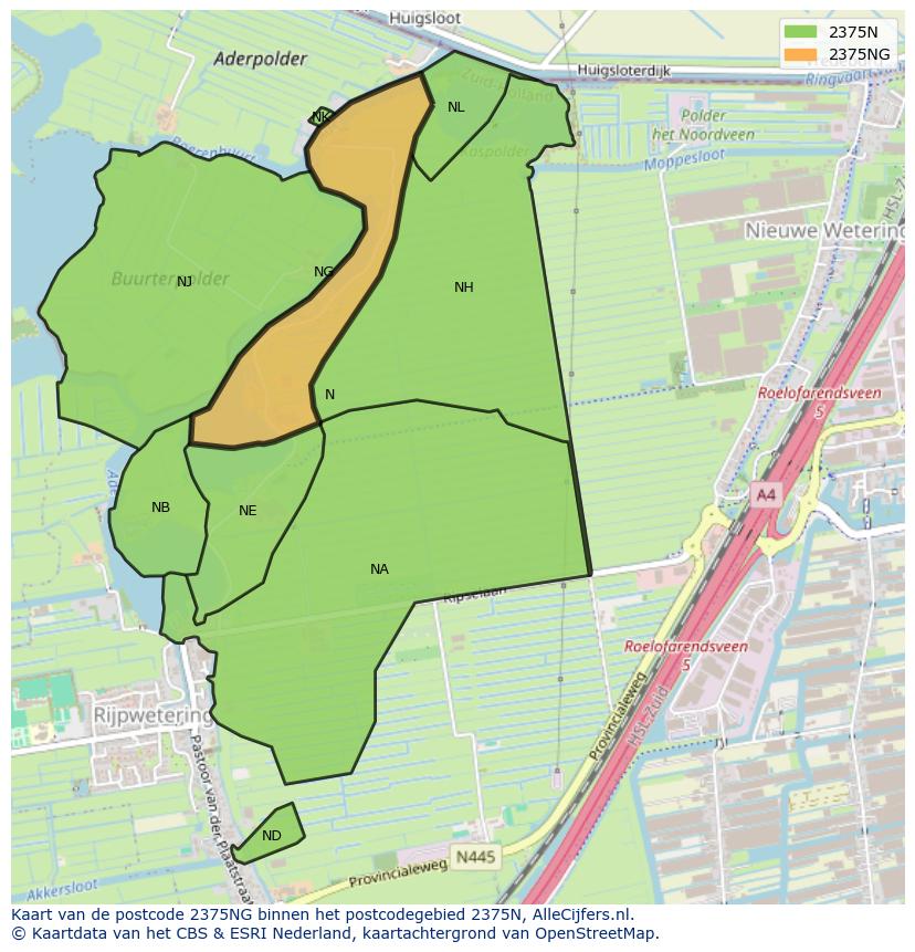 Afbeelding van het postcodegebied 2375 NG op de kaart.
