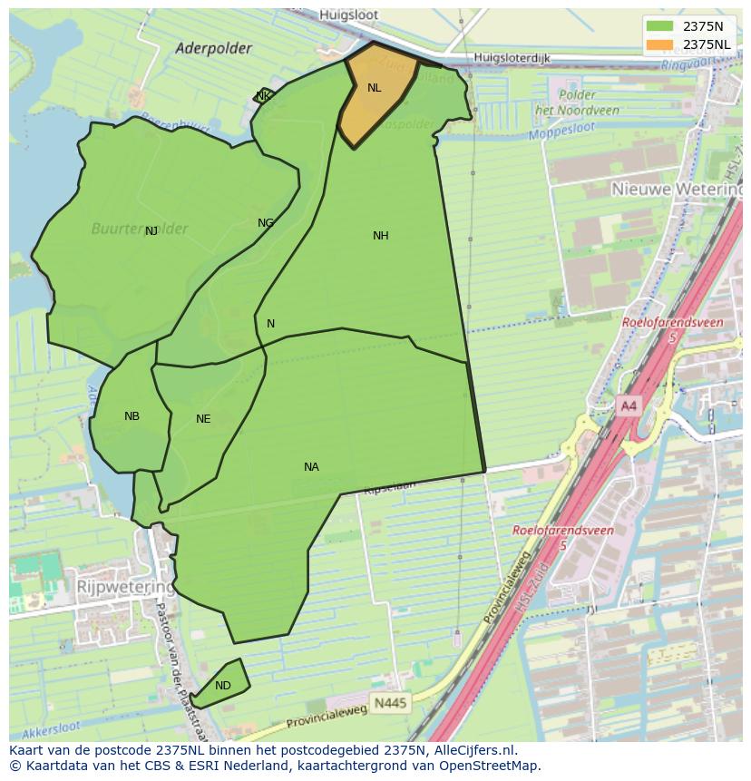 Afbeelding van het postcodegebied 2375 NL op de kaart.