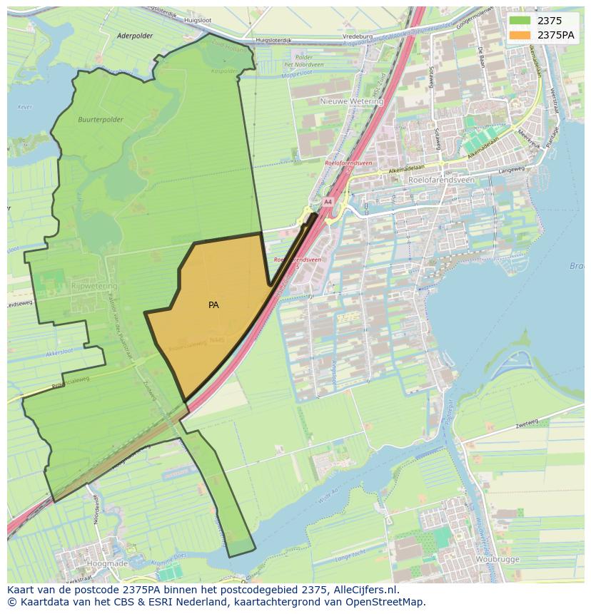 Afbeelding van het postcodegebied 2375 PA op de kaart.