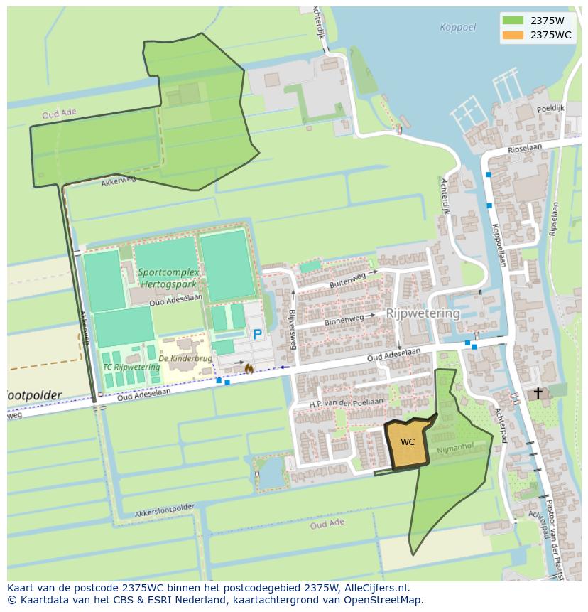 Afbeelding van het postcodegebied 2375 WC op de kaart.