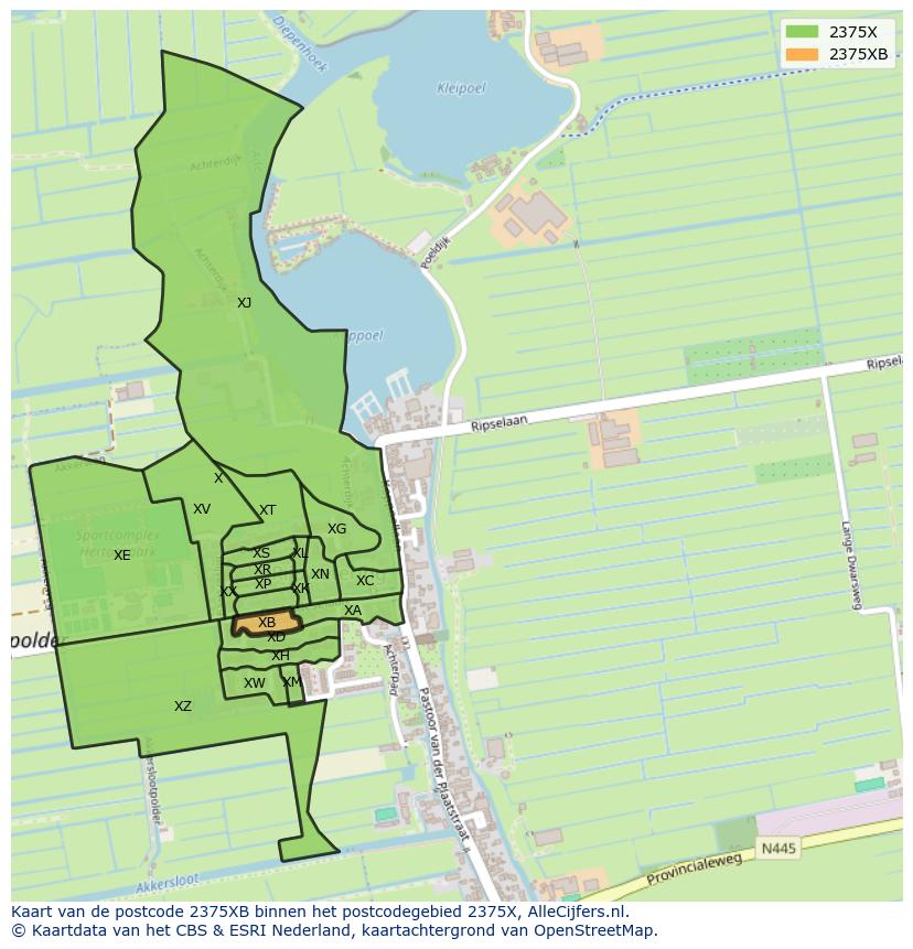 Afbeelding van het postcodegebied 2375 XB op de kaart.
