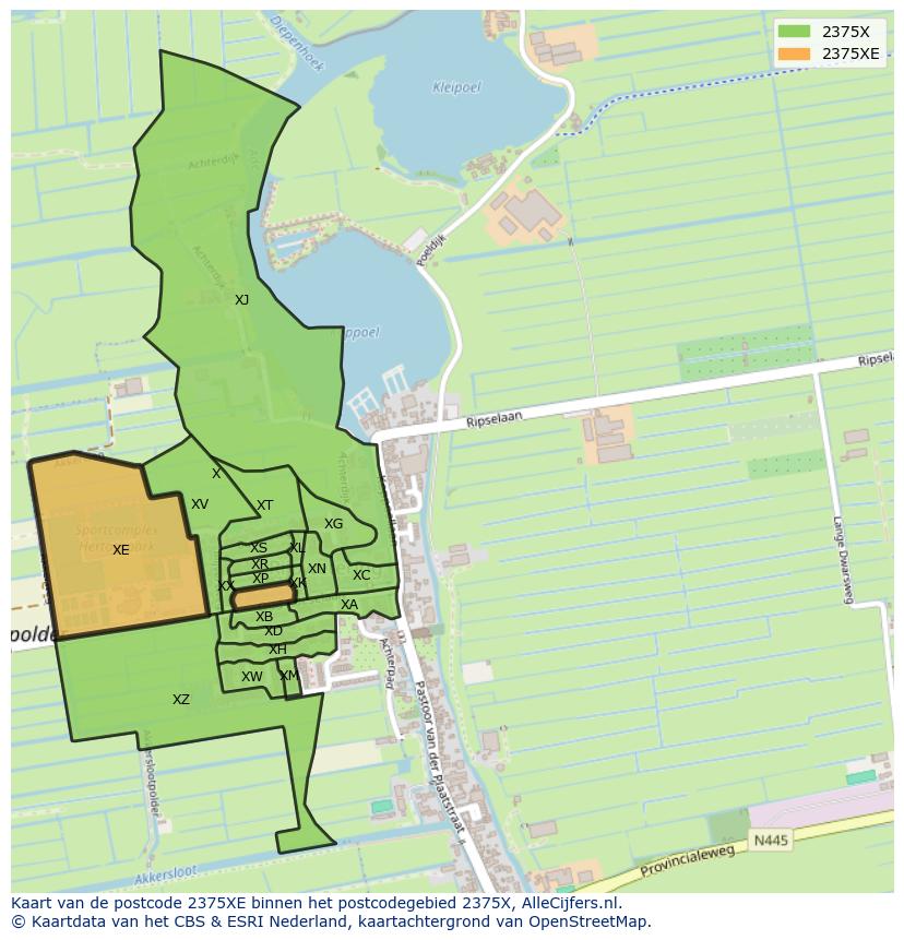 Afbeelding van het postcodegebied 2375 XE op de kaart.