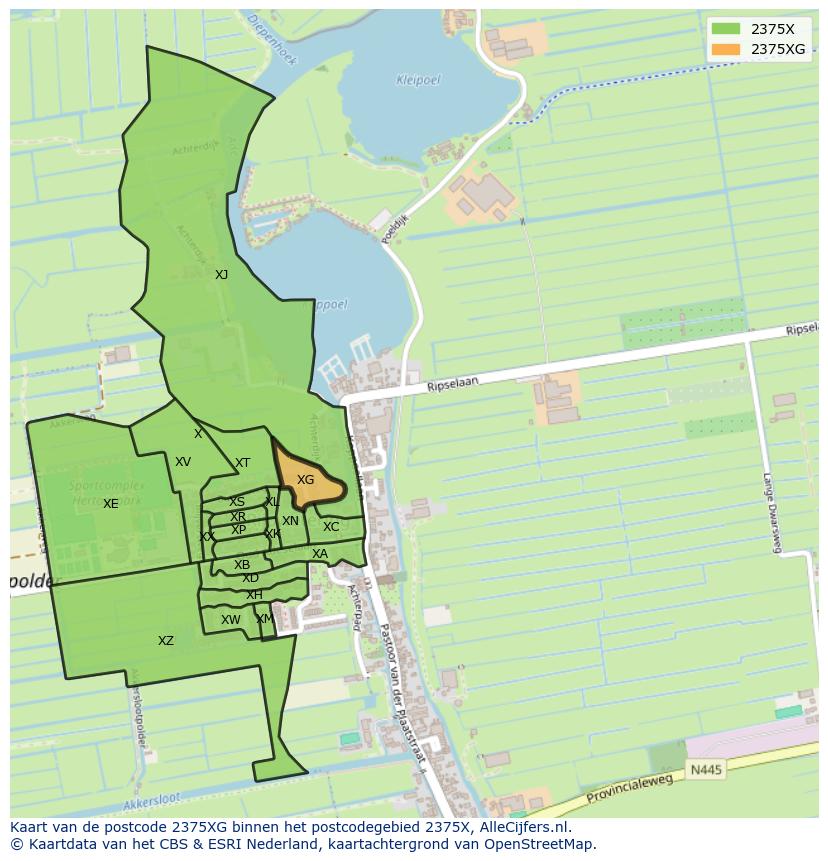 Afbeelding van het postcodegebied 2375 XG op de kaart.
