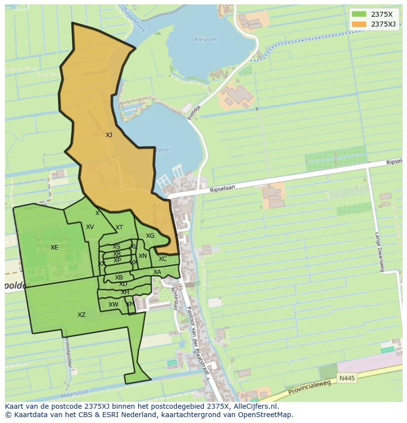 Afbeelding van het postcodegebied 2375 XJ op de kaart.