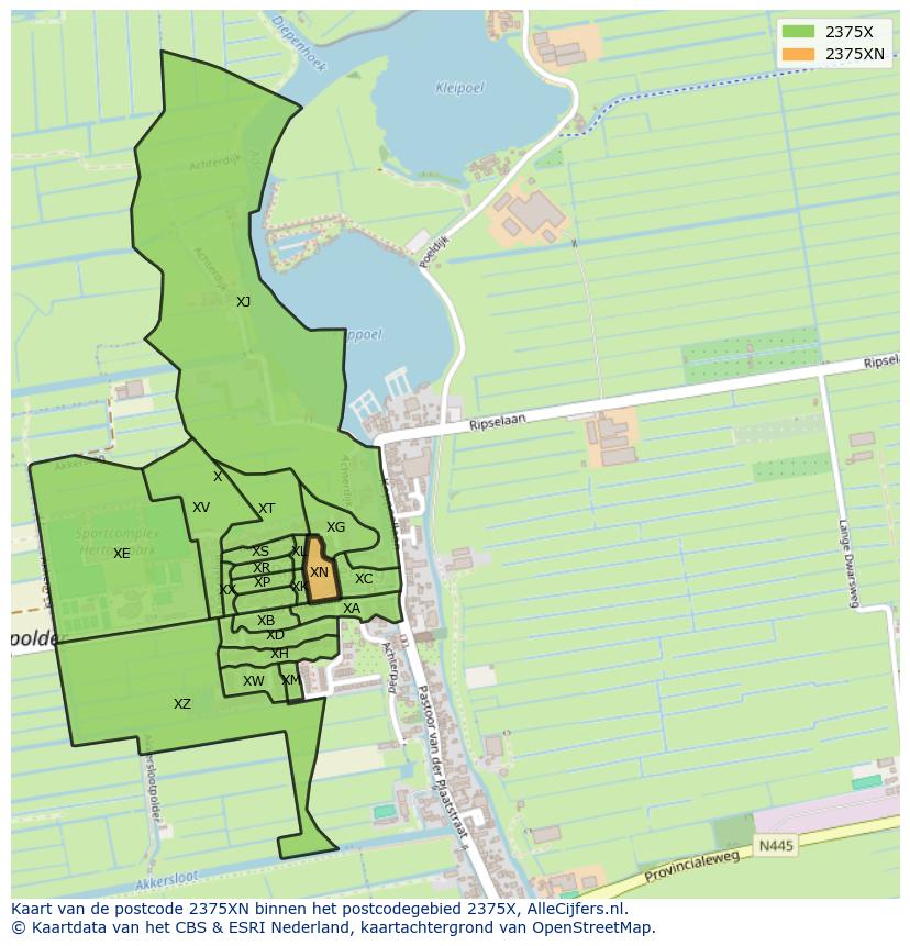 Afbeelding van het postcodegebied 2375 XN op de kaart.
