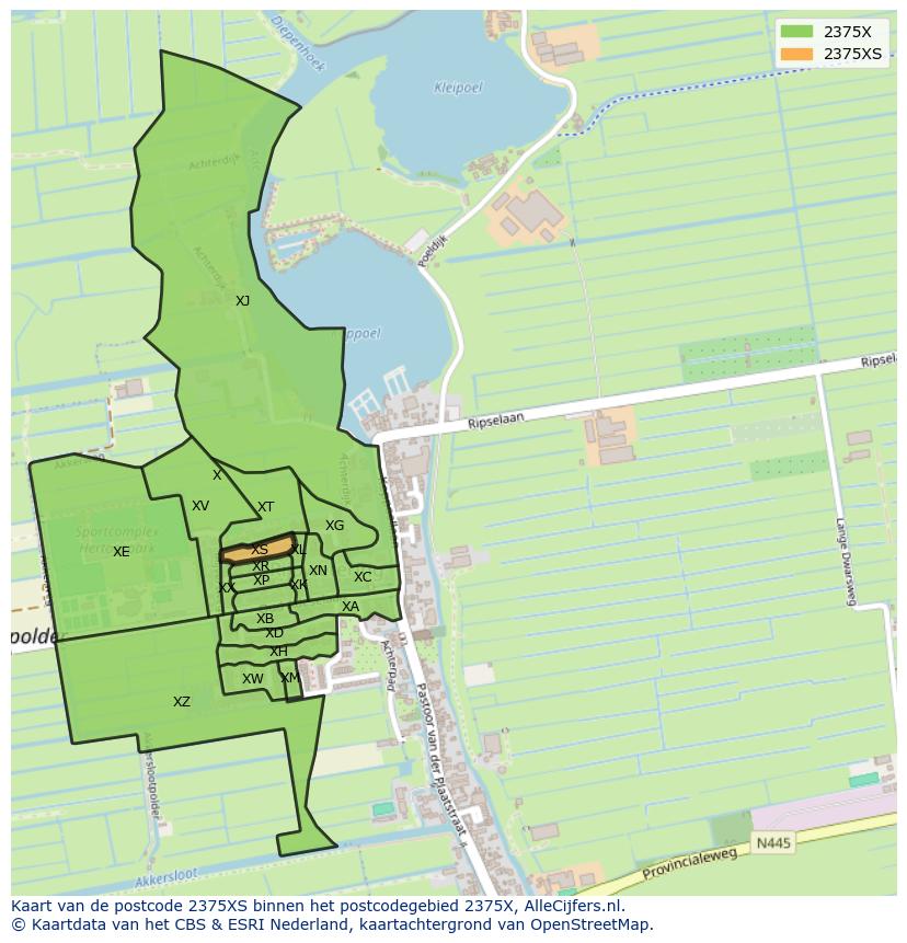 Afbeelding van het postcodegebied 2375 XS op de kaart.
