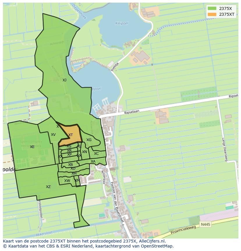 Afbeelding van het postcodegebied 2375 XT op de kaart.