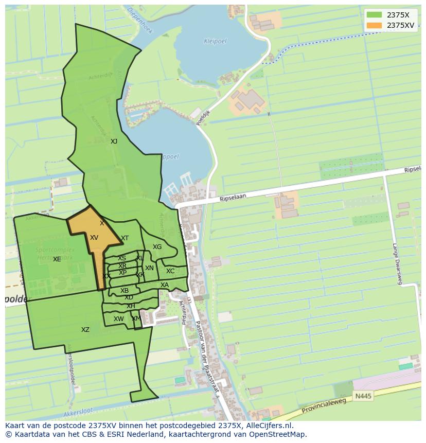 Afbeelding van het postcodegebied 2375 XV op de kaart.