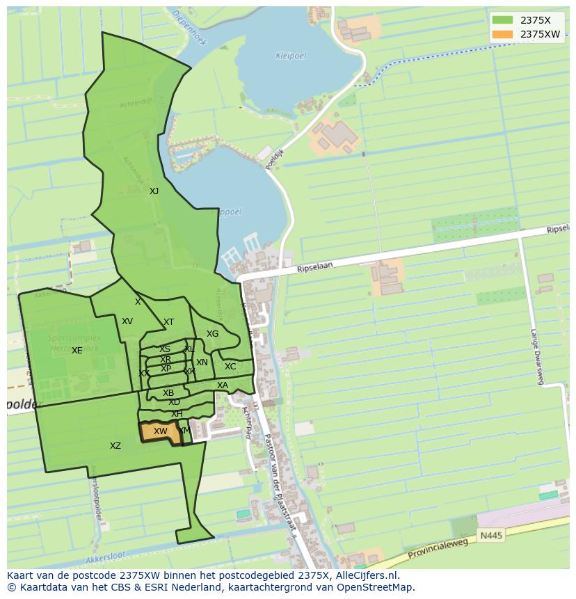 Afbeelding van het postcodegebied 2375 XW op de kaart.