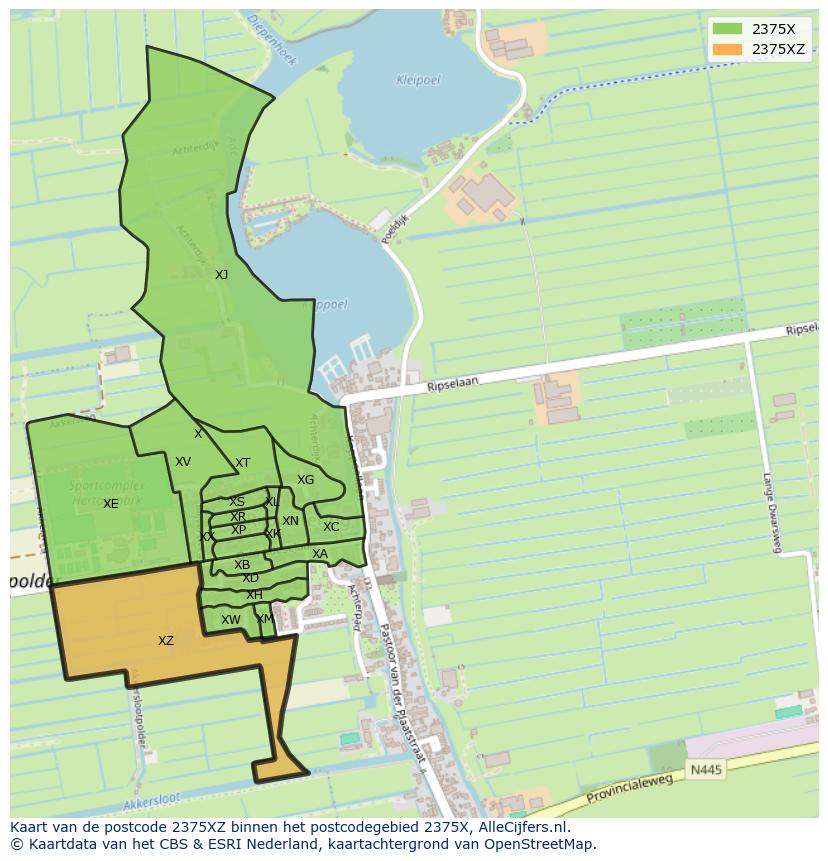 Afbeelding van het postcodegebied 2375 XZ op de kaart.