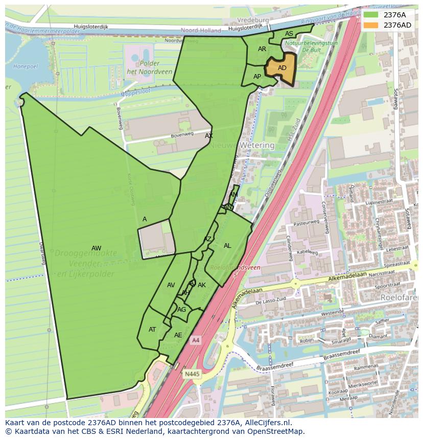 Afbeelding van het postcodegebied 2376 AD op de kaart.