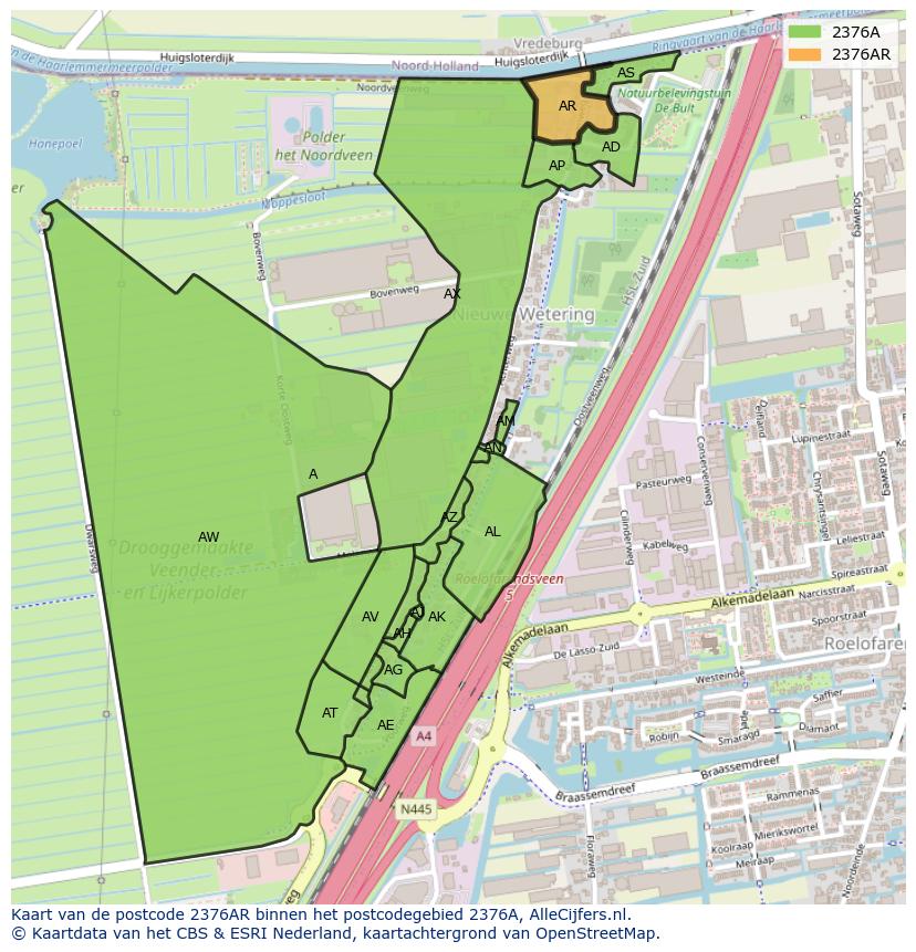 Afbeelding van het postcodegebied 2376 AR op de kaart.