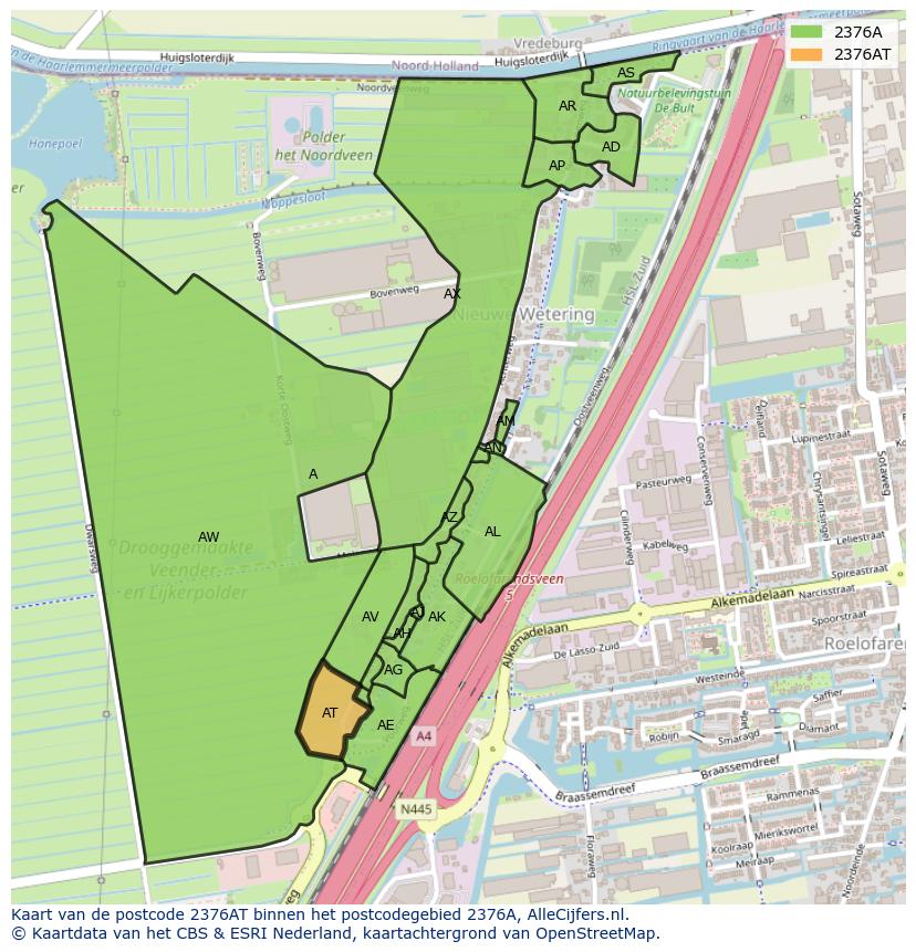 Afbeelding van het postcodegebied 2376 AT op de kaart.