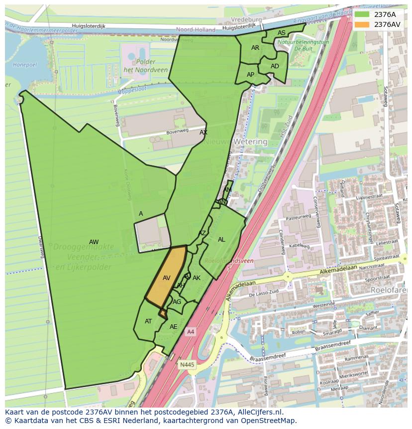 Afbeelding van het postcodegebied 2376 AV op de kaart.
