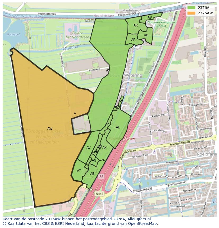 Afbeelding van het postcodegebied 2376 AW op de kaart.