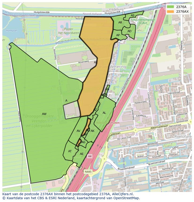 Afbeelding van het postcodegebied 2376 AX op de kaart.