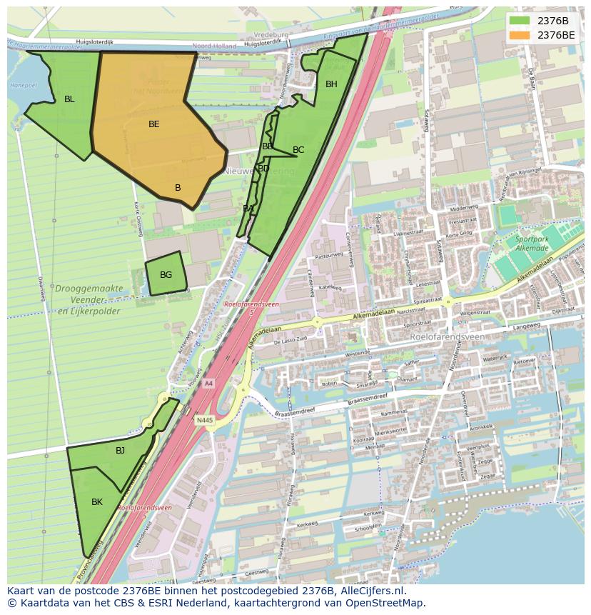 Afbeelding van het postcodegebied 2376 BE op de kaart.