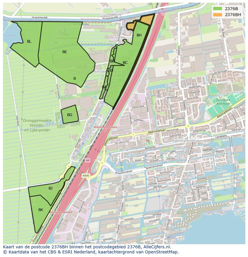 Afbeelding van het postcodegebied 2376 BH op de kaart.