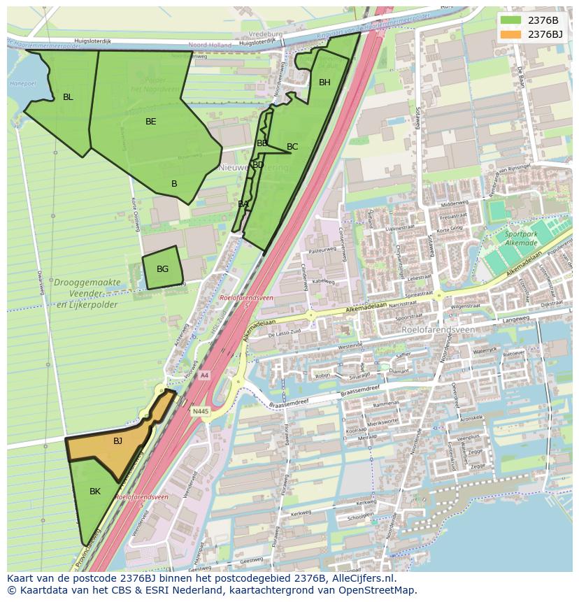 Afbeelding van het postcodegebied 2376 BJ op de kaart.