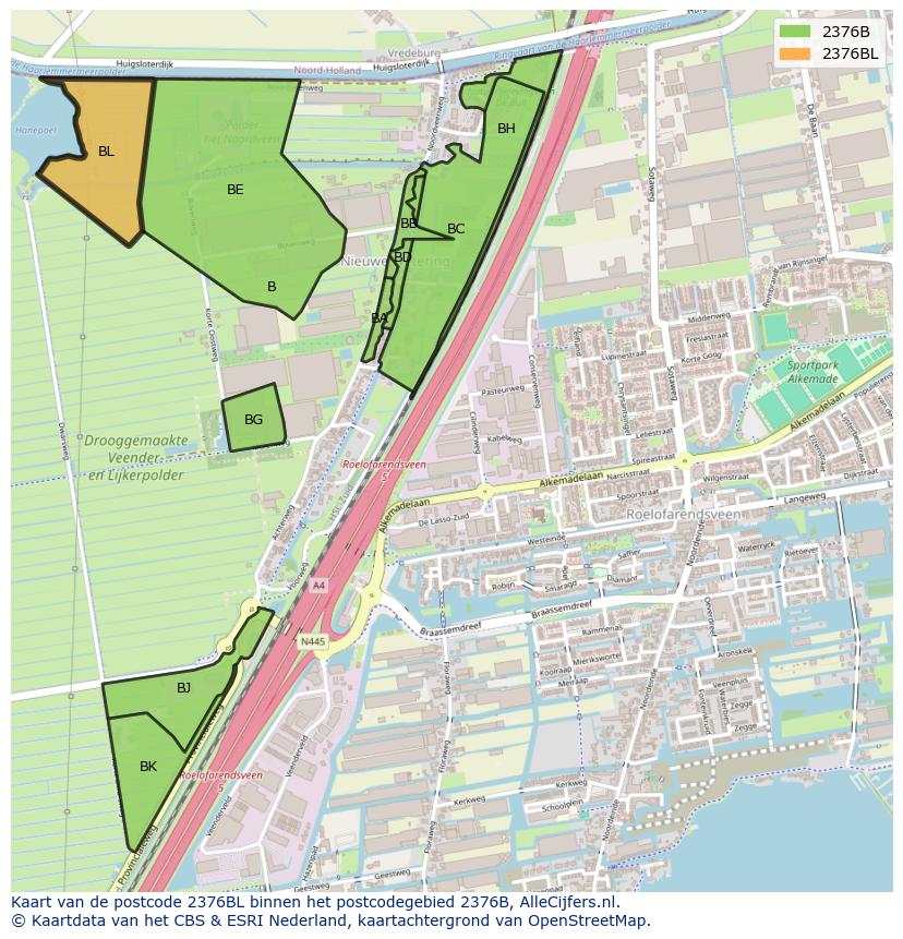 Afbeelding van het postcodegebied 2376 BL op de kaart.
