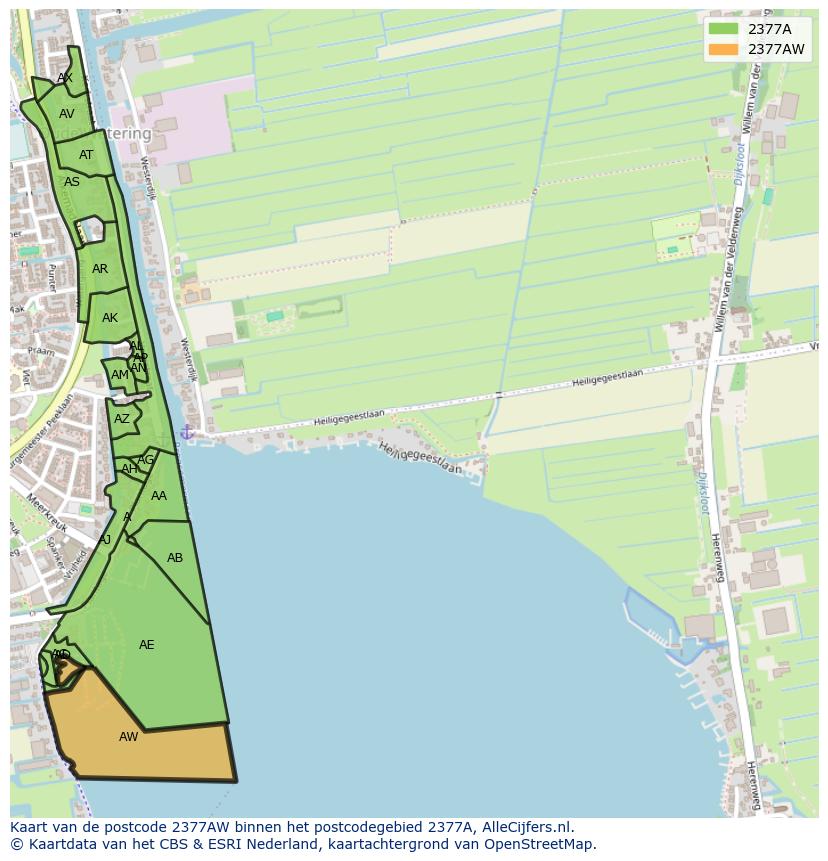 Afbeelding van het postcodegebied 2377 AW op de kaart.