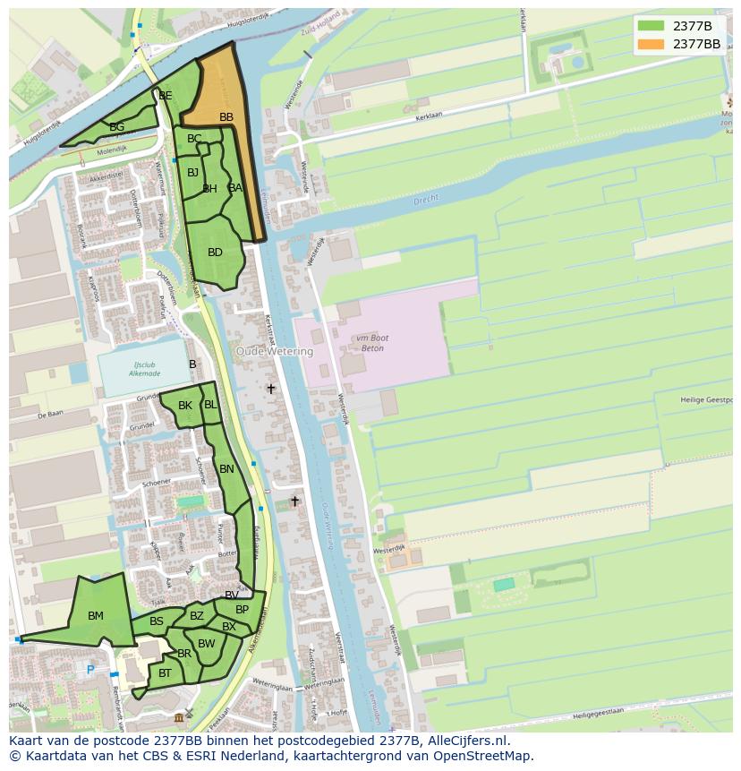 Afbeelding van het postcodegebied 2377 BB op de kaart.