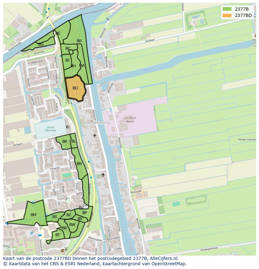 Afbeelding van het postcodegebied 2377 BD op de kaart.