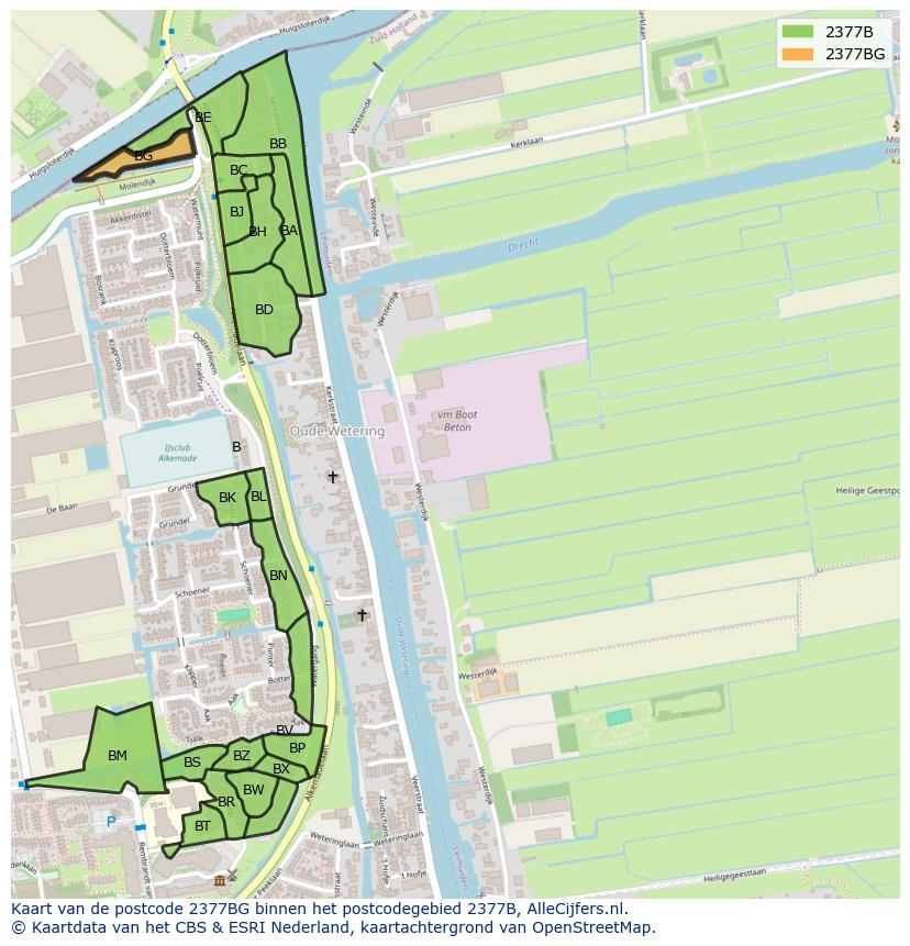 Afbeelding van het postcodegebied 2377 BG op de kaart.