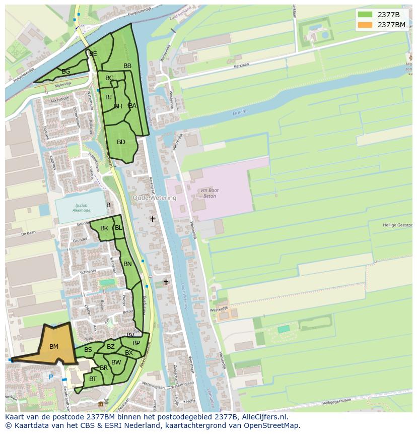 Afbeelding van het postcodegebied 2377 BM op de kaart.