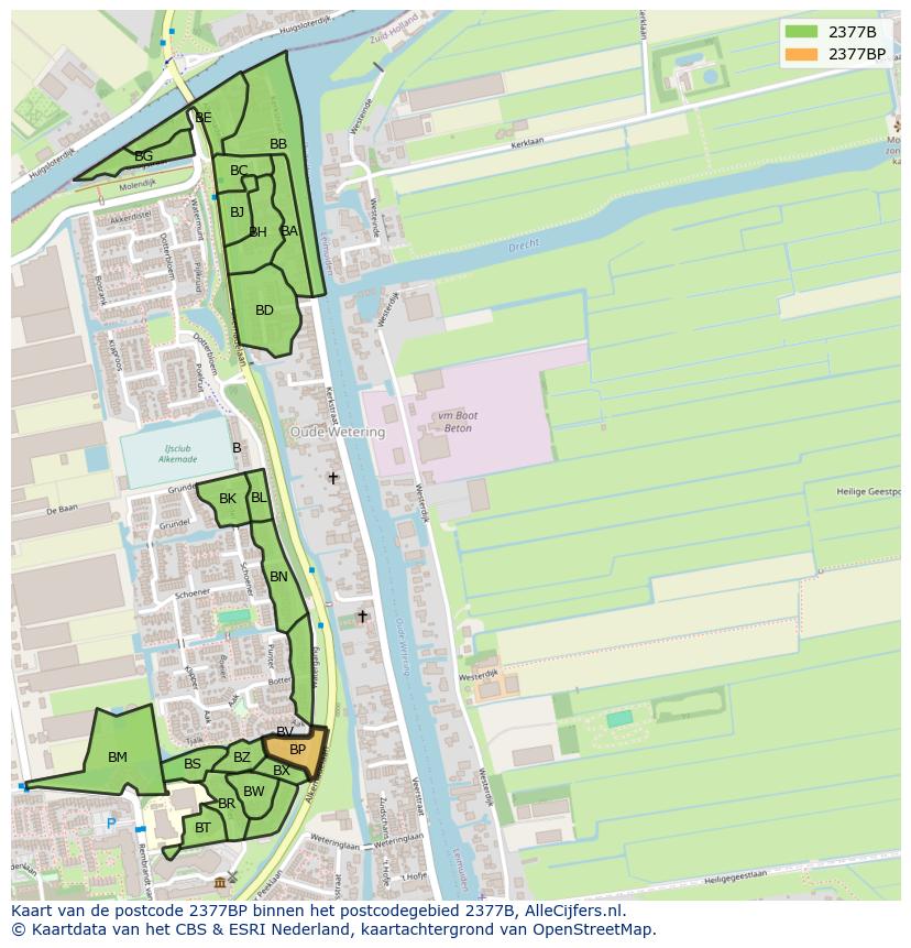 Afbeelding van het postcodegebied 2377 BP op de kaart.