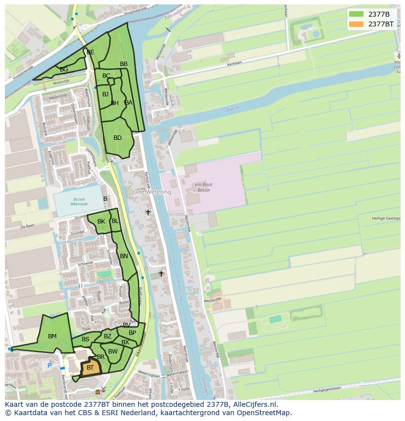 Afbeelding van het postcodegebied 2377 BT op de kaart.