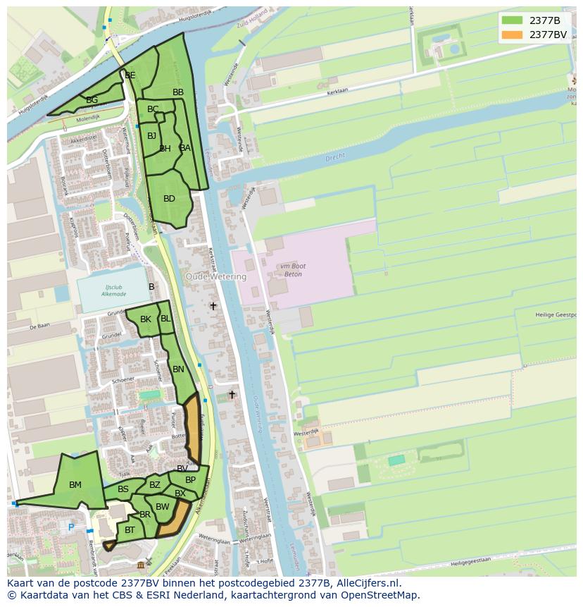 Afbeelding van het postcodegebied 2377 BV op de kaart.