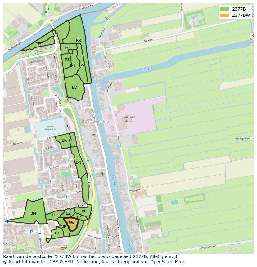 Afbeelding van het postcodegebied 2377 BW op de kaart.