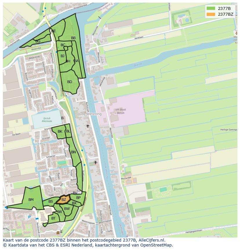 Afbeelding van het postcodegebied 2377 BZ op de kaart.