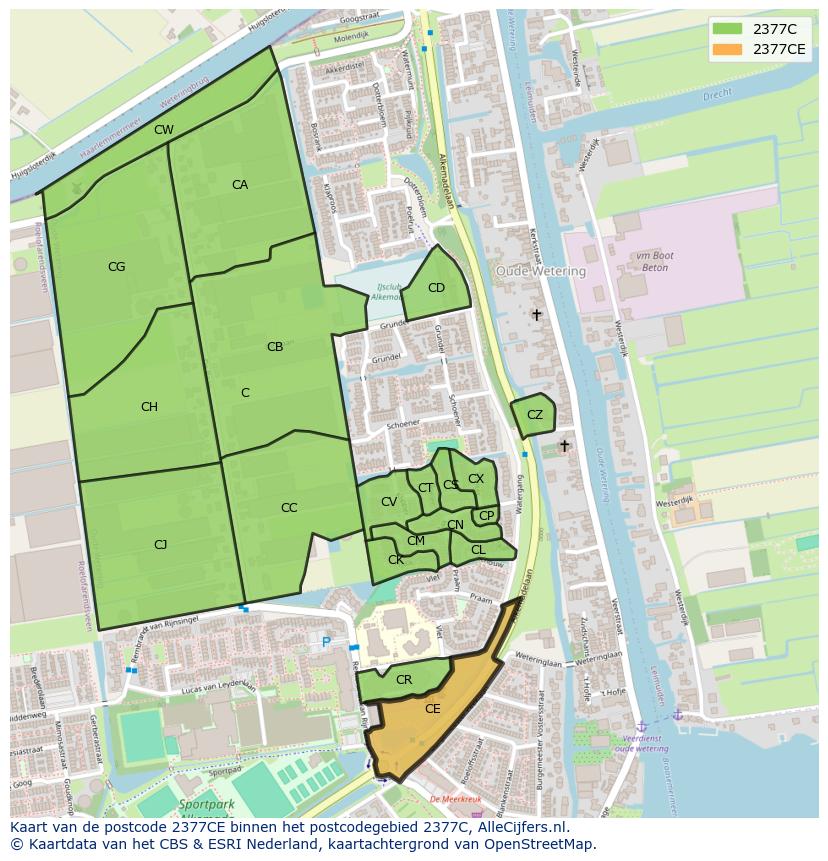 Afbeelding van het postcodegebied 2377 CE op de kaart.