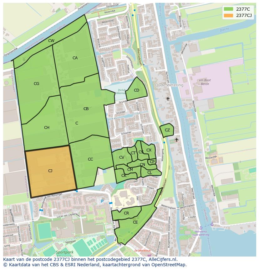 Afbeelding van het postcodegebied 2377 CJ op de kaart.