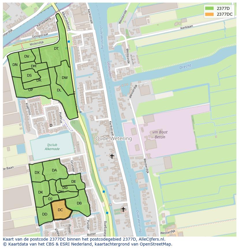 Afbeelding van het postcodegebied 2377 DC op de kaart.