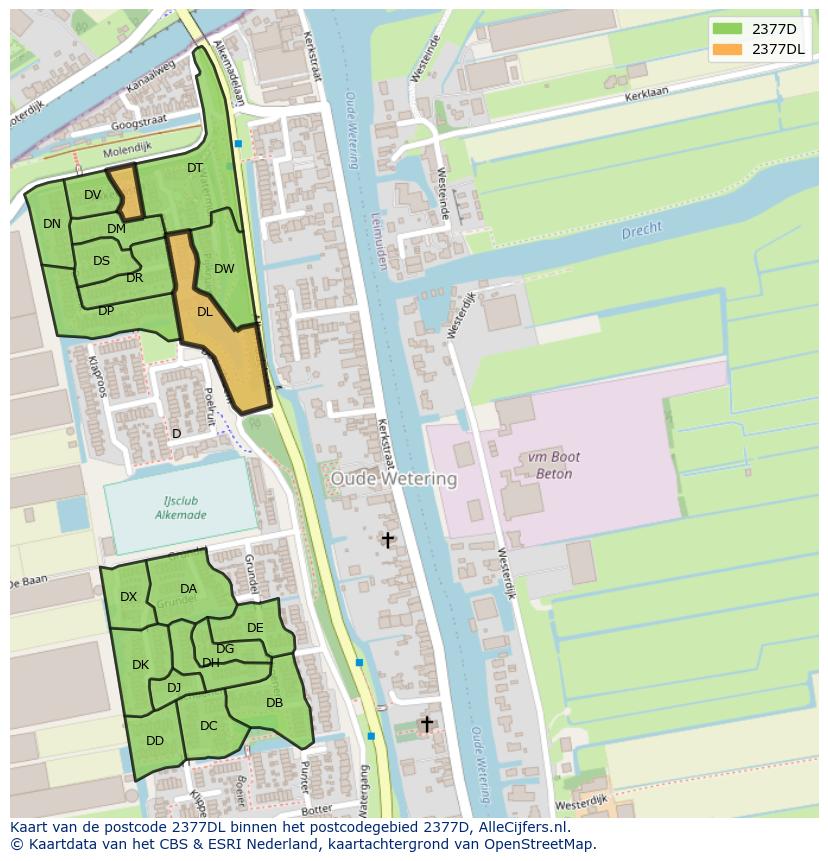 Afbeelding van het postcodegebied 2377 DL op de kaart.