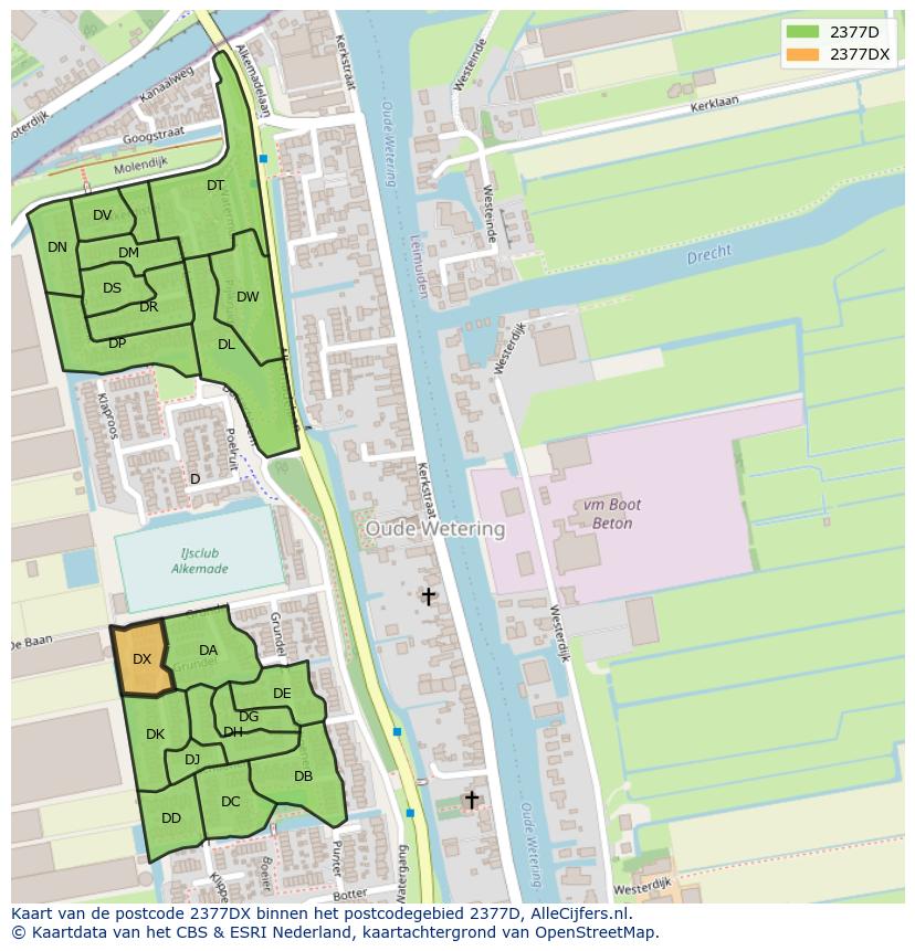 Afbeelding van het postcodegebied 2377 DX op de kaart.