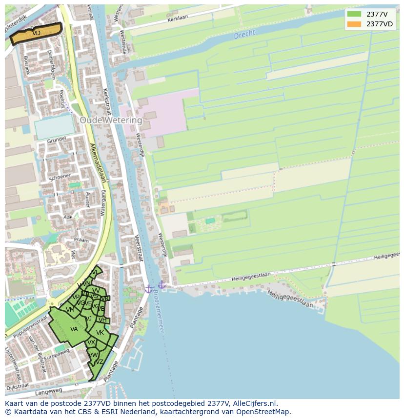 Afbeelding van het postcodegebied 2377 VD op de kaart.