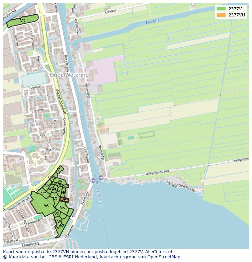 Afbeelding van het postcodegebied 2377 VH op de kaart.