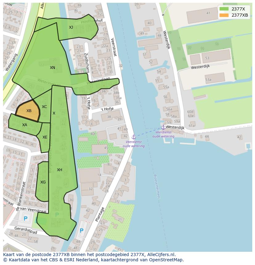 Afbeelding van het postcodegebied 2377 XB op de kaart.