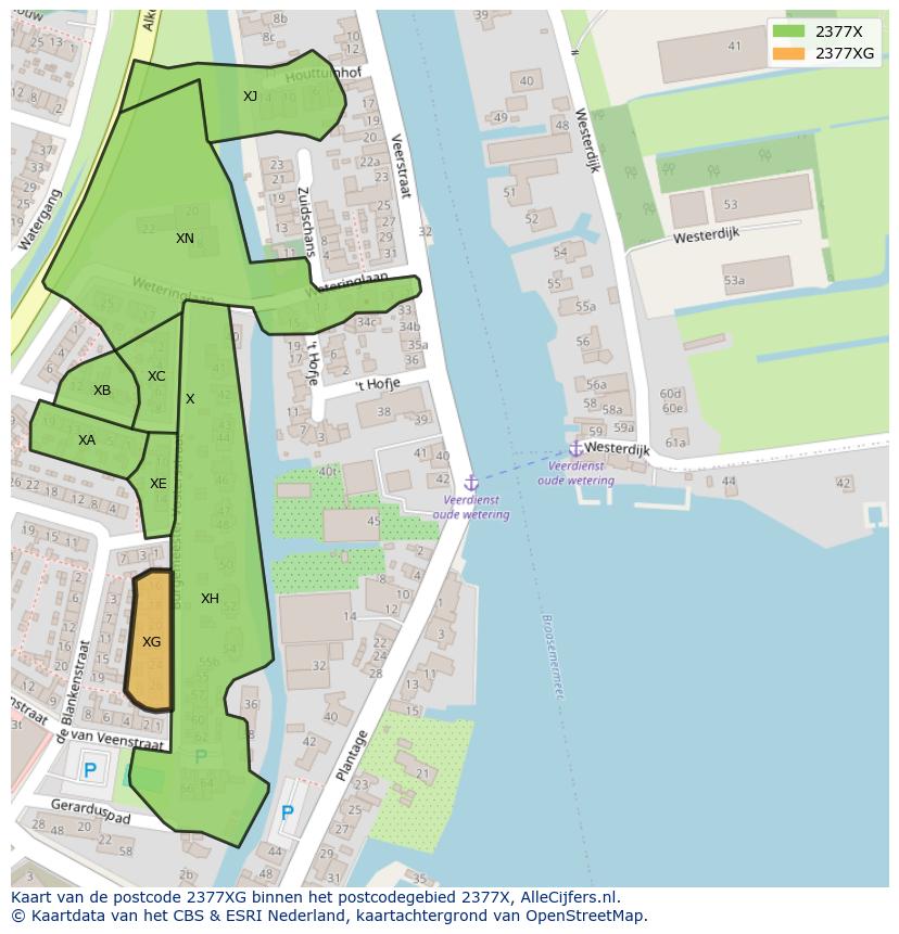 Afbeelding van het postcodegebied 2377 XG op de kaart.