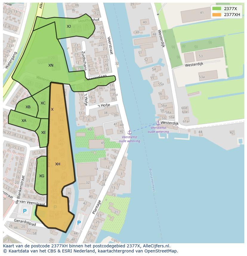 Afbeelding van het postcodegebied 2377 XH op de kaart.