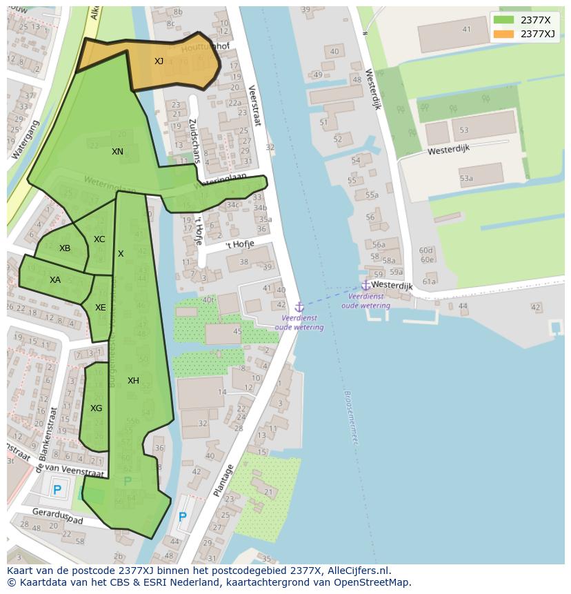 Afbeelding van het postcodegebied 2377 XJ op de kaart.