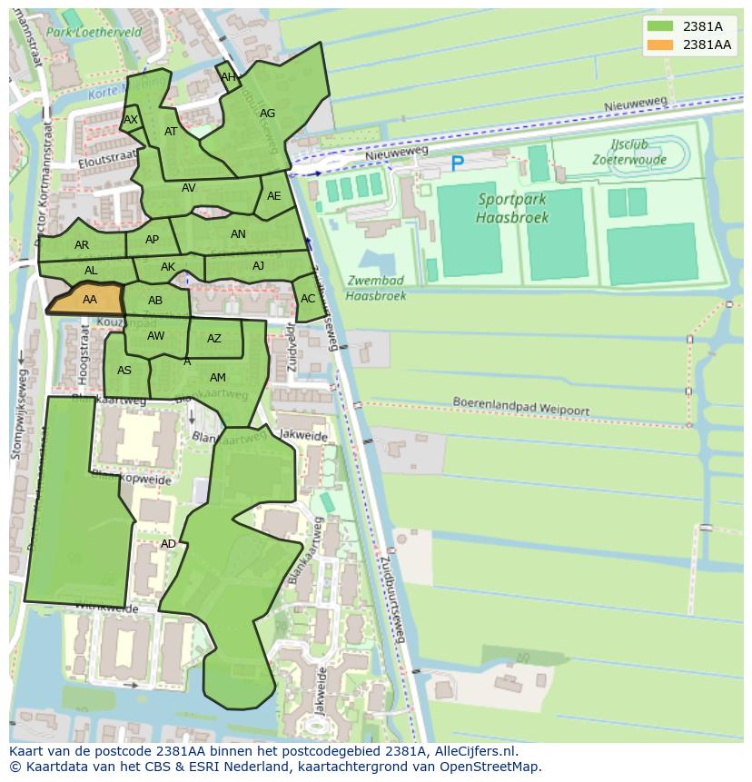 Afbeelding van het postcodegebied 2381 AA op de kaart.