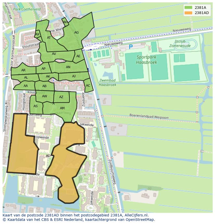 Afbeelding van het postcodegebied 2381 AD op de kaart.
