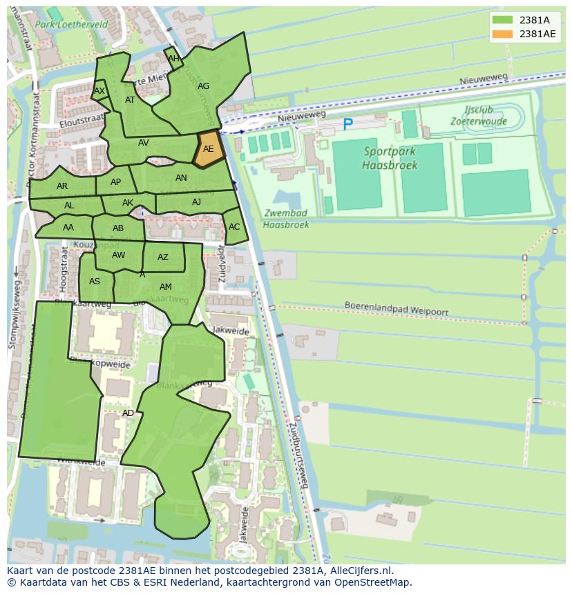 Afbeelding van het postcodegebied 2381 AE op de kaart.